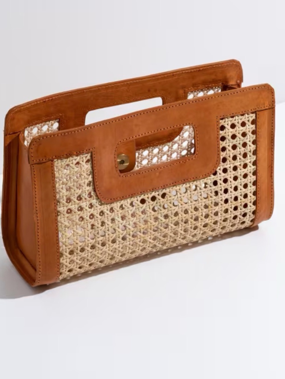Woven Rattan Satchel with Tan Leather Trim